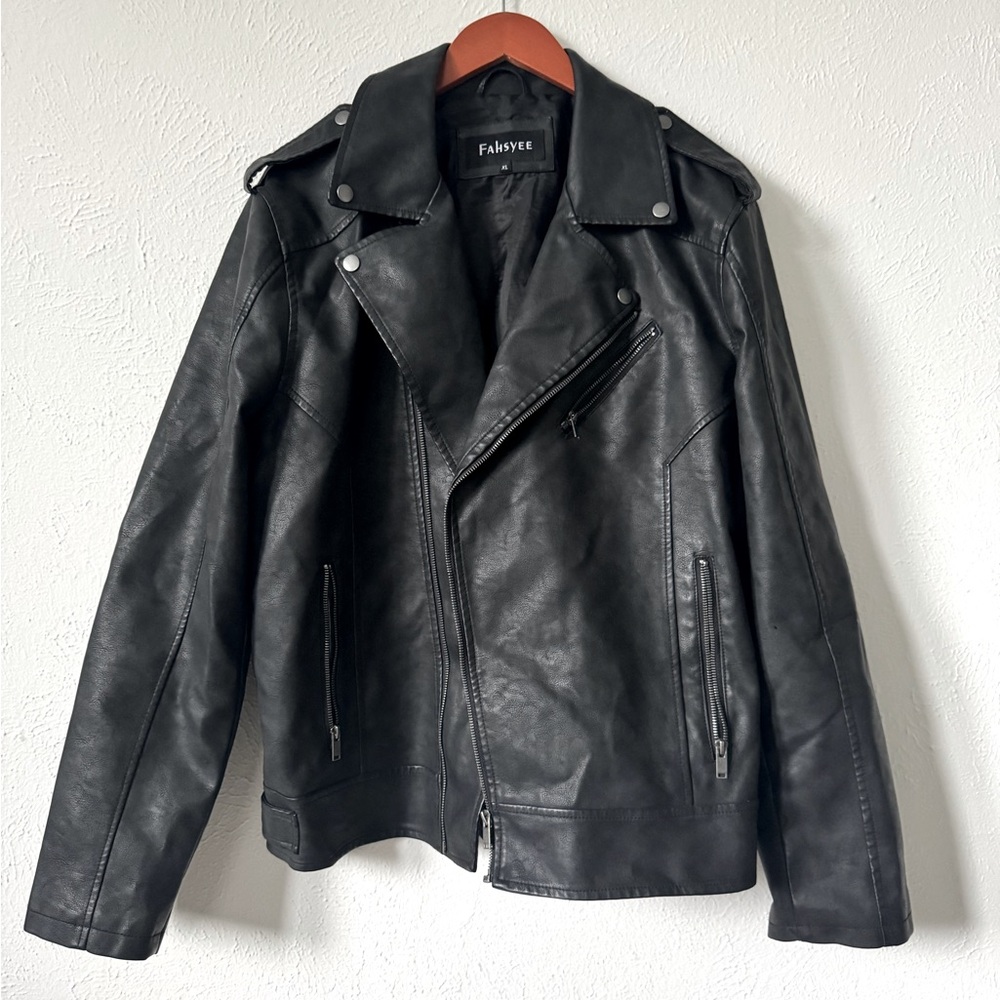 Black leather biker jacket